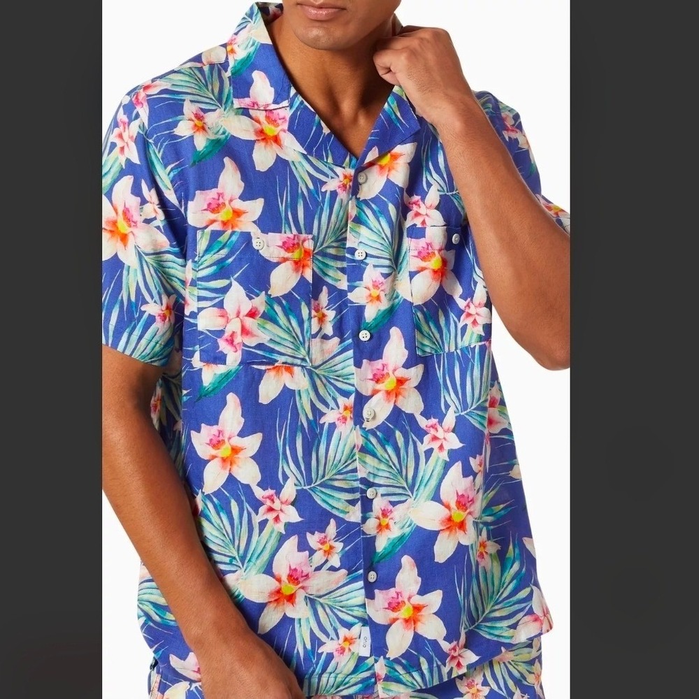 Onia Vacation Liberty Floral Camp Shirt 100% Linen Men's Large resort wear beach